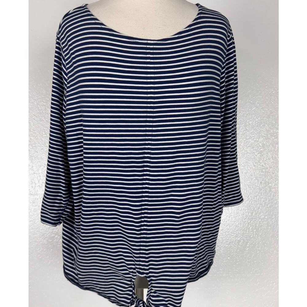 Jones New York Signature 2X Blue White Stripe 3/4 Sleeve Tie Knot Hem Top - Picture 5 of 10